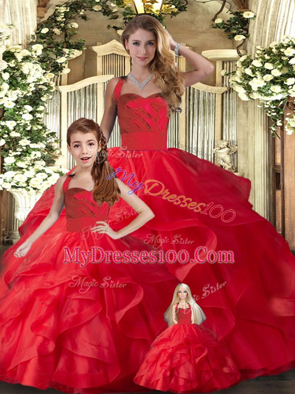 Sleeveless Tulle Floor Length Lace Up 15 Quinceanera Dress in Red with Ruffles