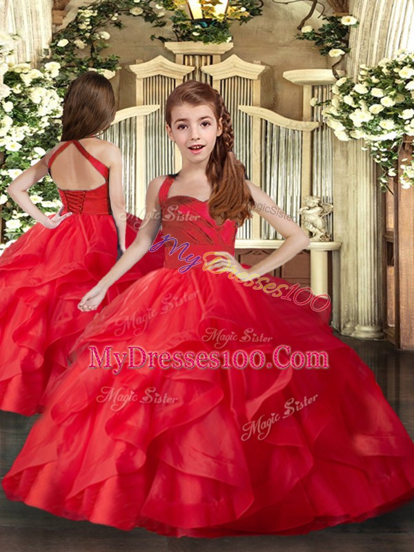 Sleeveless Tulle Floor Length Lace Up 15 Quinceanera Dress in Red with Ruffles