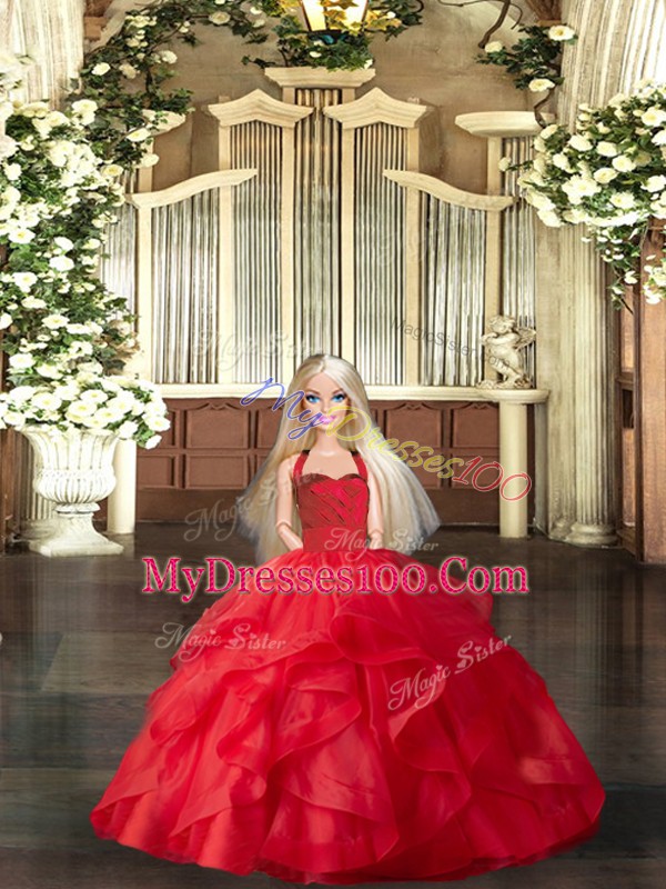 Sleeveless Tulle Floor Length Lace Up 15 Quinceanera Dress in Red with Ruffles