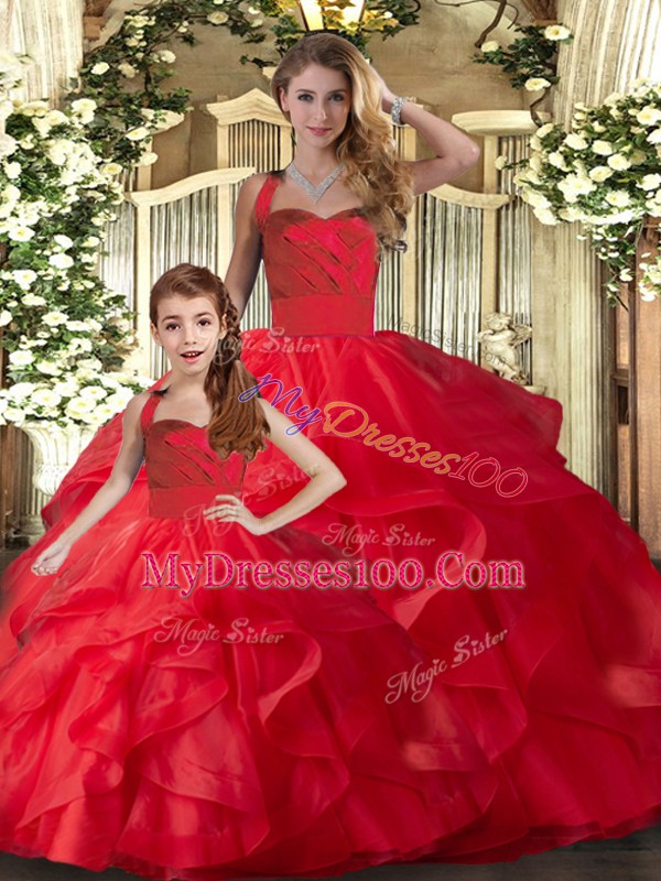 Sleeveless Tulle Floor Length Lace Up 15 Quinceanera Dress in Red with Ruffles