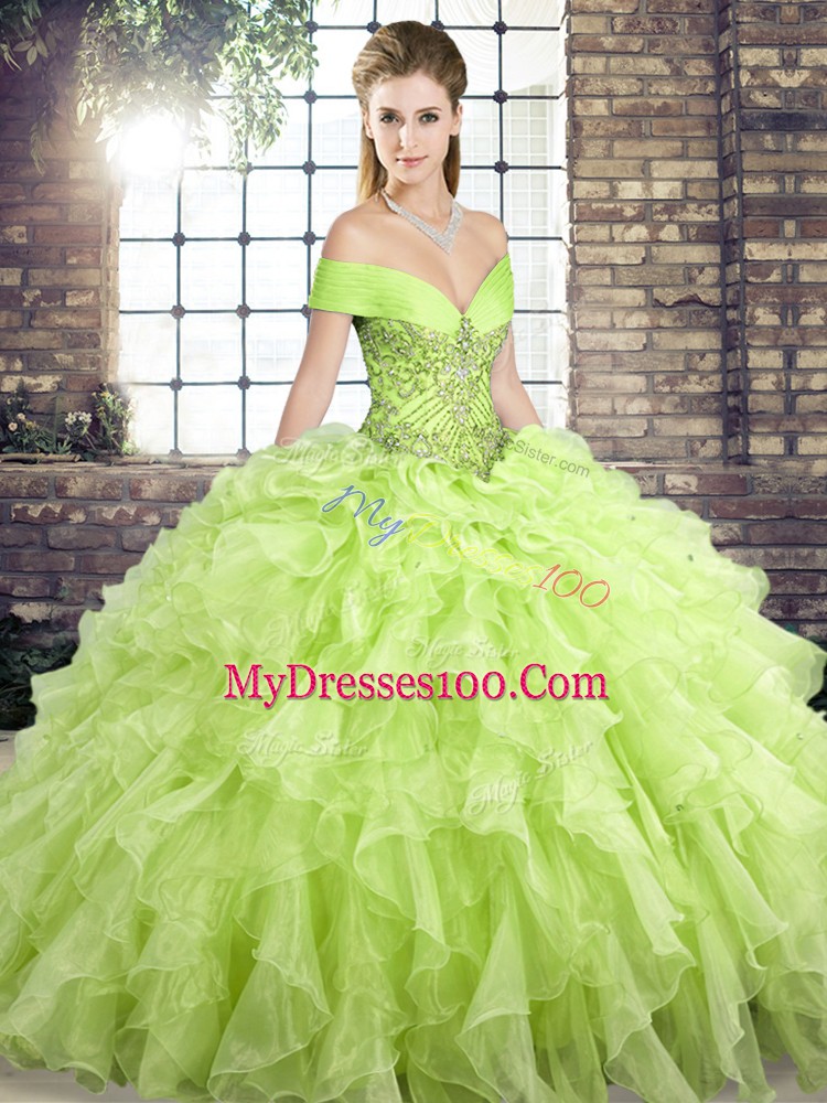 Low Price Yellow Green Quinceanera Gown Organza Brush Train Sleeveless Beading and Ruffles