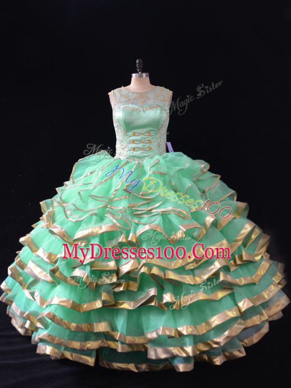 Graceful Apple Green Sweetheart Lace Up Ruffles Quince Ball Gowns Sleeveless