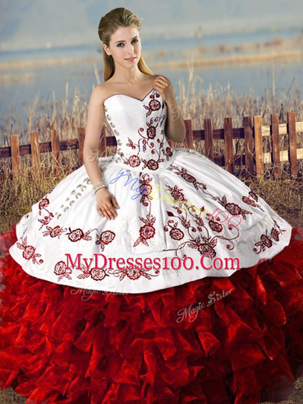 Captivating White And Red Lace Up Quinceanera Dress Embroidery and Ruffles Sleeveless Floor Length
