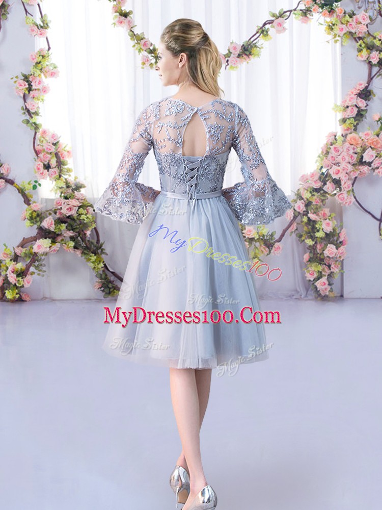 Grey Empire Scoop 3 4 Length Sleeve Tulle Knee Length Lace Up Lace and Belt Dama Dress for Quinceanera