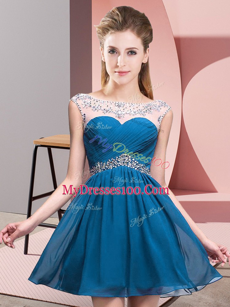 Gorgeous Sleeveless Mini Length Beading Backless Casual Dresses with Blue