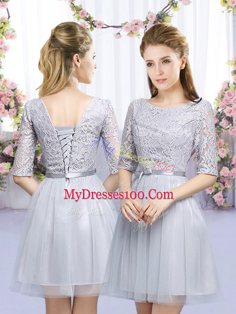 Grey Scoop Neckline Lace and Belt Bridesmaids Dress Half Sleeves Lace Up