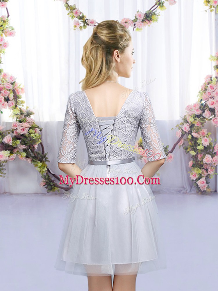 Grey Scoop Neckline Lace and Belt Bridesmaids Dress Half Sleeves Lace Up