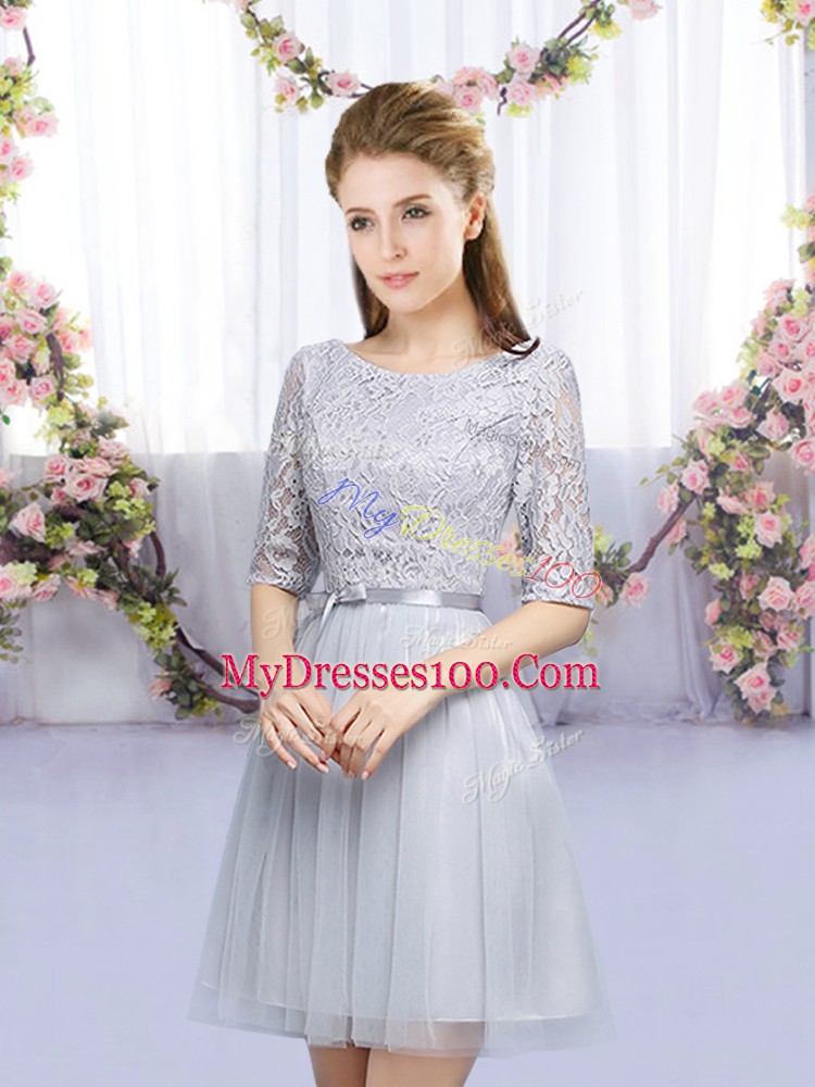 Grey Scoop Neckline Lace and Belt Bridesmaids Dress Half Sleeves Lace Up