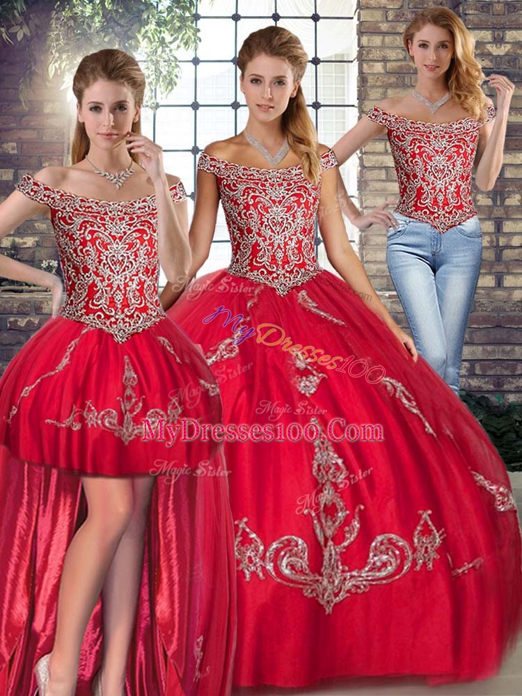 Free and Easy Red Three Pieces Beading and Embroidery Ball Gown Prom Dress Lace Up Tulle Sleeveless Floor Length