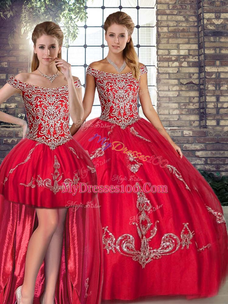 Free and Easy Red Three Pieces Beading and Embroidery Ball Gown Prom Dress Lace Up Tulle Sleeveless Floor Length