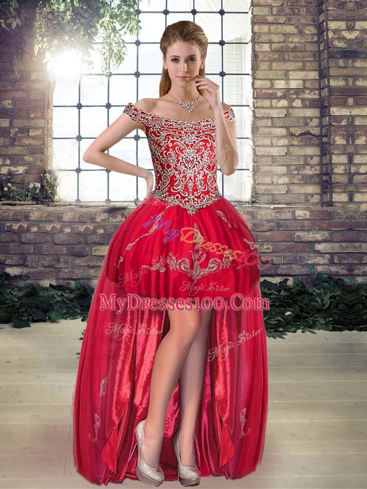 Free and Easy Red Three Pieces Beading and Embroidery Ball Gown Prom Dress Lace Up Tulle Sleeveless Floor Length