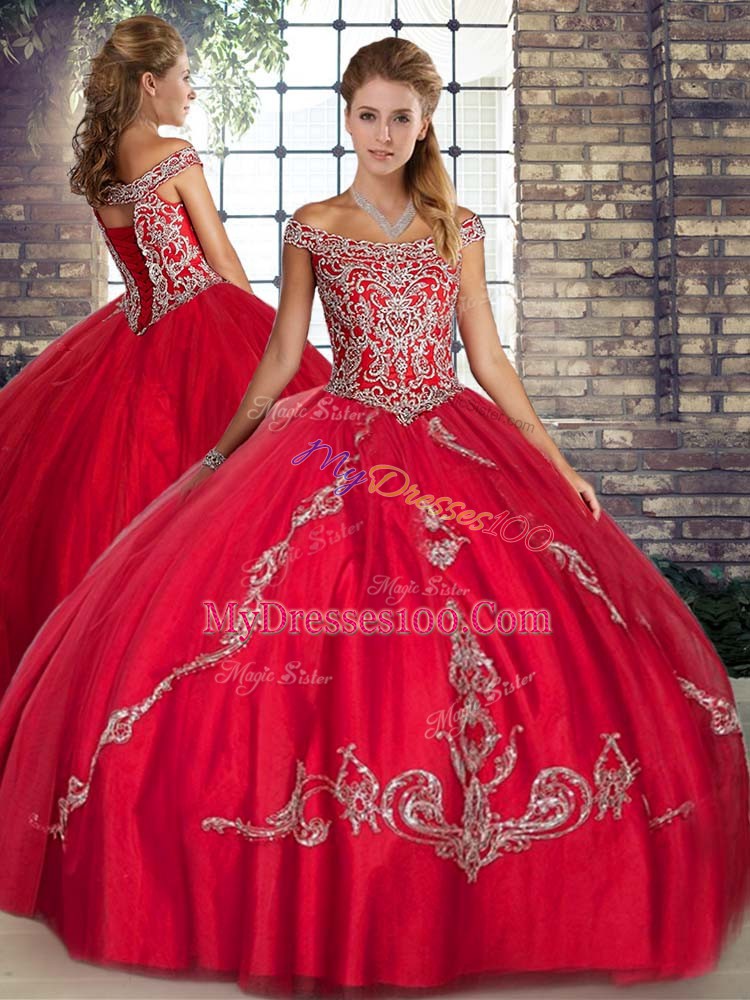 Free and Easy Red Three Pieces Beading and Embroidery Ball Gown Prom Dress Lace Up Tulle Sleeveless Floor Length