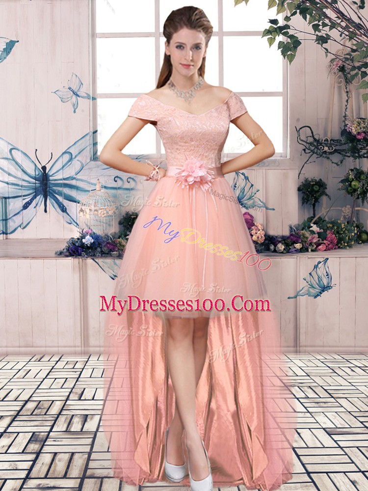 Affordable Short Sleeves Lace Up High Low Lace and Hand Made Flower Dress for Prom