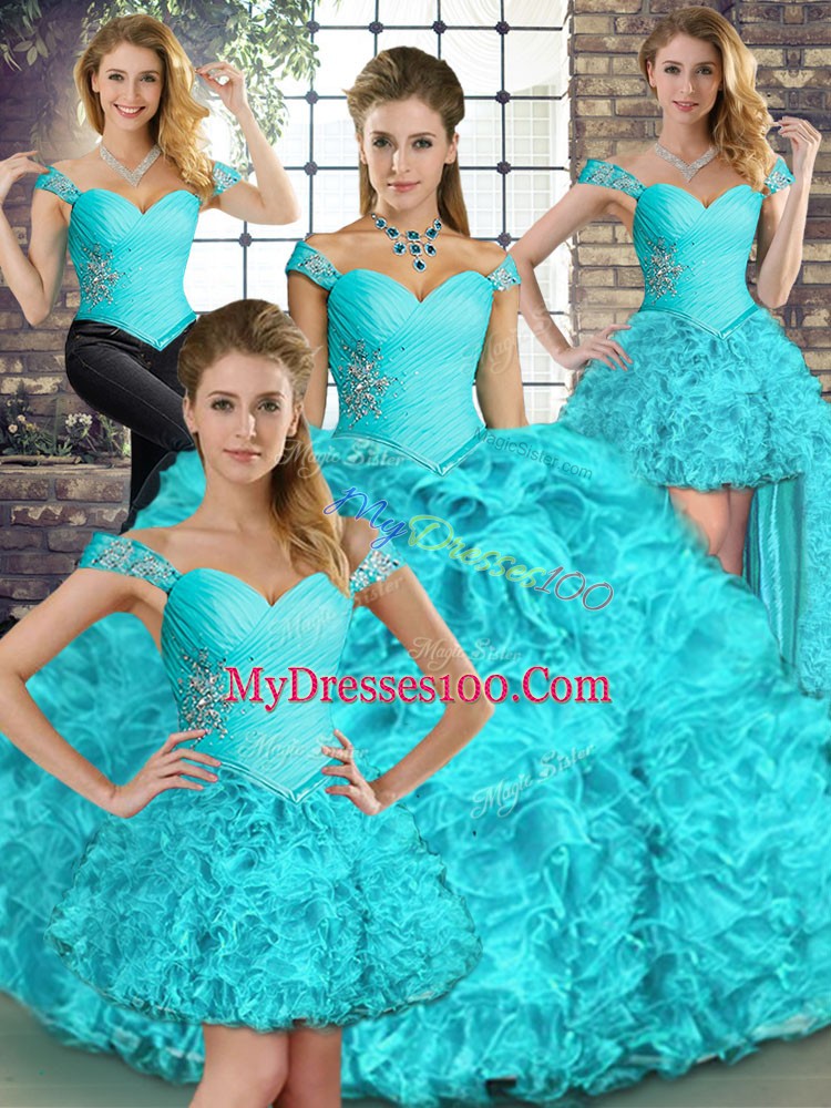 Pretty Aqua Blue Off The Shoulder Lace Up Beading and Ruffles Quinceanera Gowns Sleeveless