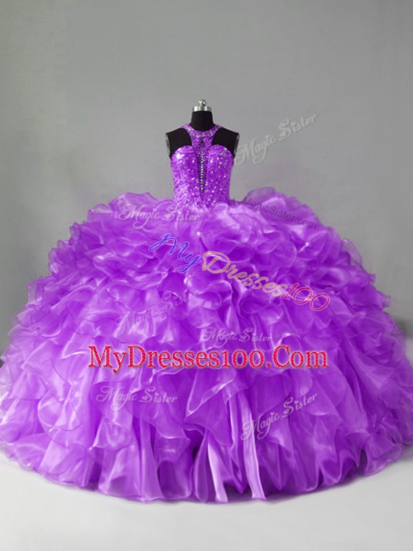 Flare Purple Sleeveless Organza Brush Train Zipper Quinceanera Gown for Sweet 16 and Quinceanera