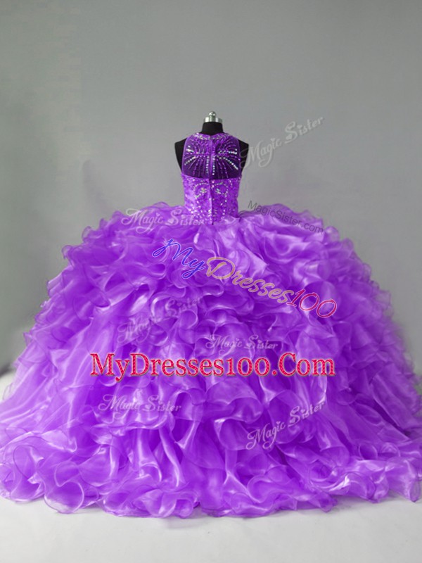 Flare Purple Sleeveless Organza Brush Train Zipper Quinceanera Gown for Sweet 16 and Quinceanera