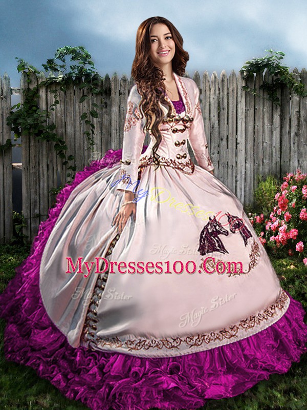Fuchsia Lace Up Quinceanera Gown Embroidery Sleeveless Floor Length