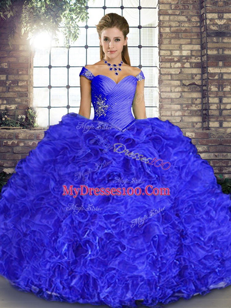 Royal Blue Ball Gowns Off The Shoulder Sleeveless Organza Floor Length Lace Up Beading and Ruffles Sweet 16 Dresses