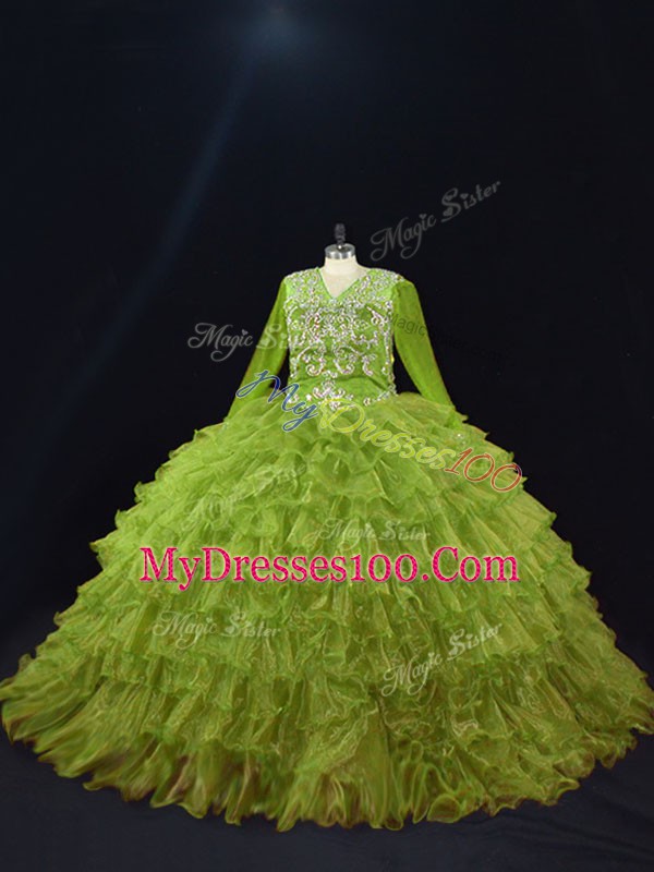 Dynamic Olive Green Quinceanera Dresses Sweet 16 and Quinceanera with Ruffled Layers V-neck Long Sleeves Lace Up