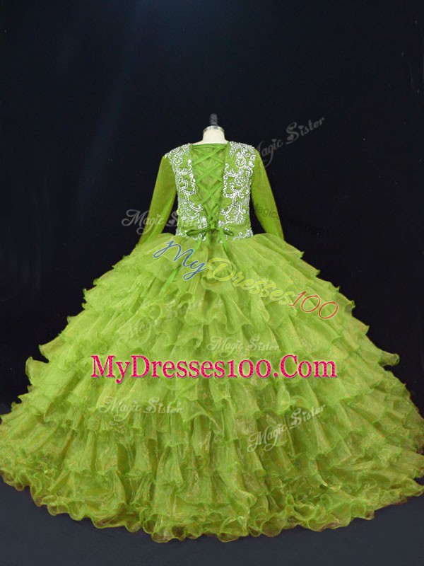 Dynamic Olive Green Quinceanera Dresses Sweet 16 and Quinceanera with Ruffled Layers V-neck Long Sleeves Lace Up