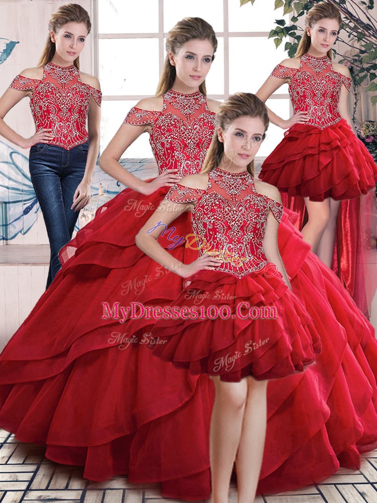 Comfortable Floor Length Ball Gowns Sleeveless Red Quinceanera Gowns Lace Up