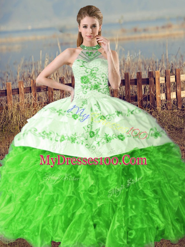 Charming Ball Gown Prom Dress Sweet 16 and Quinceanera with Embroidery and Ruffles Halter Top Sleeveless Court Train Lace Up