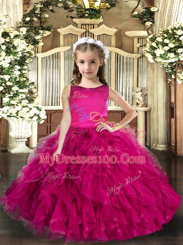 Fuchsia Sleeveless Tulle Lace Up Pageant Dress Toddler for Party and Sweet 16 and Wedding Party