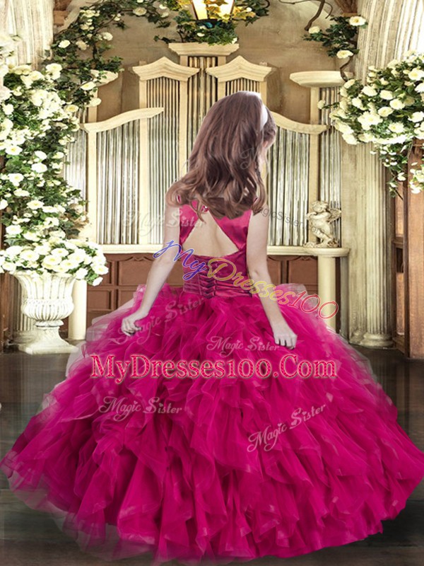Fuchsia Sleeveless Tulle Lace Up Pageant Dress Toddler for Party and Sweet 16 and Wedding Party