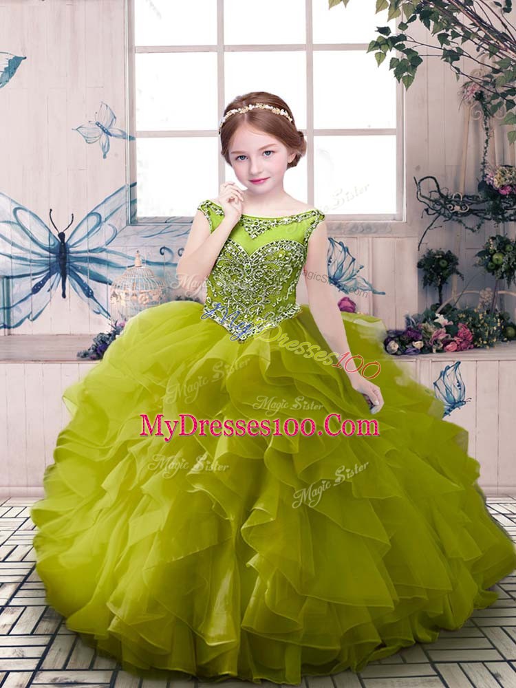 Olive Green Girls Pageant Dresses Party and Sweet 16 and Wedding Party with Beading and Ruffles Scoop Sleeveless Zipper