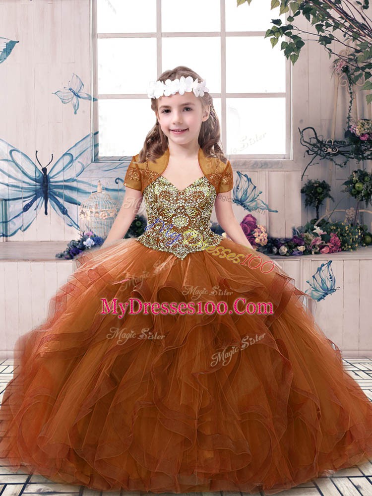 Sleeveless Tulle Floor Length Lace Up Little Girls Pageant Dress Wholesale in Rust Red with Beading and Ruffles