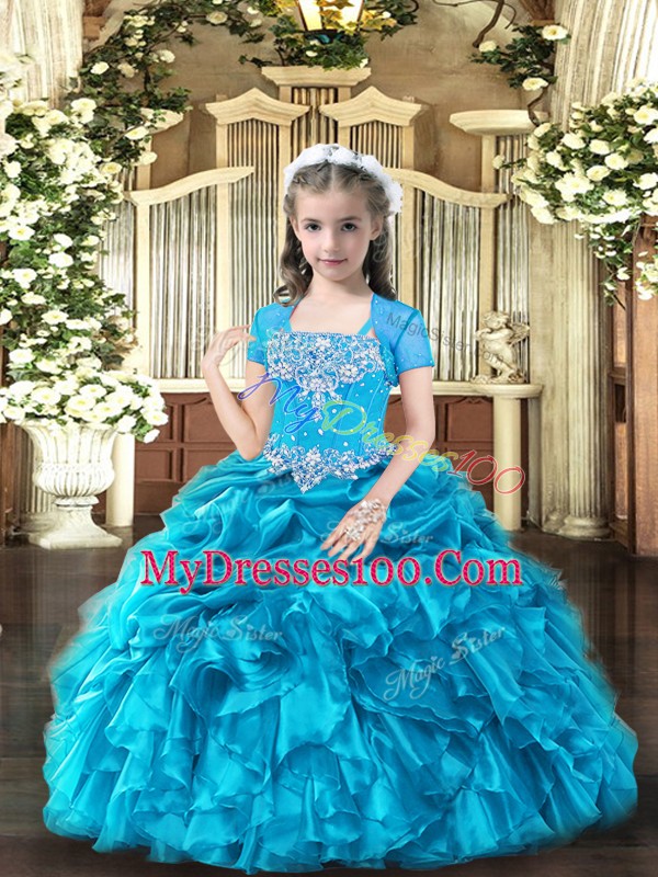 Floor Length Baby Blue Little Girl Pageant Gowns Organza Sleeveless Beading and Ruffles