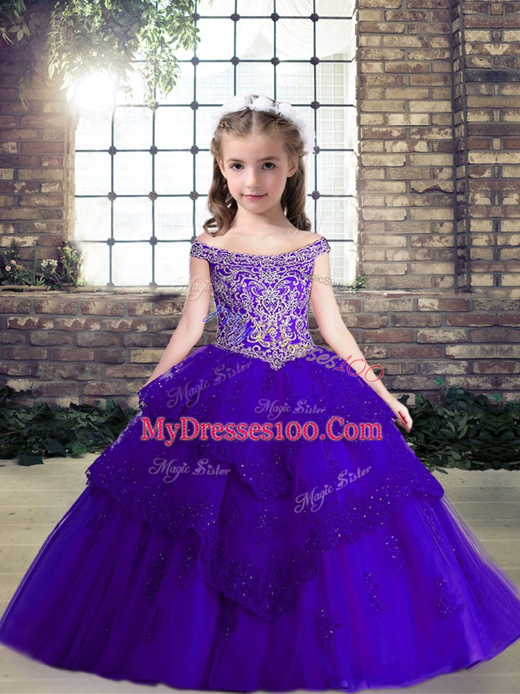 Tulle Sleeveless Floor Length High School Pageant Dress and Beading and Lace and Appliques