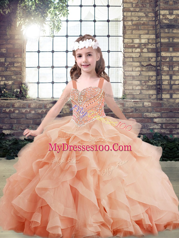 Unique Sleeveless Floor Length Beading and Ruffles Side Zipper Little Girls Pageant Dress with Peach