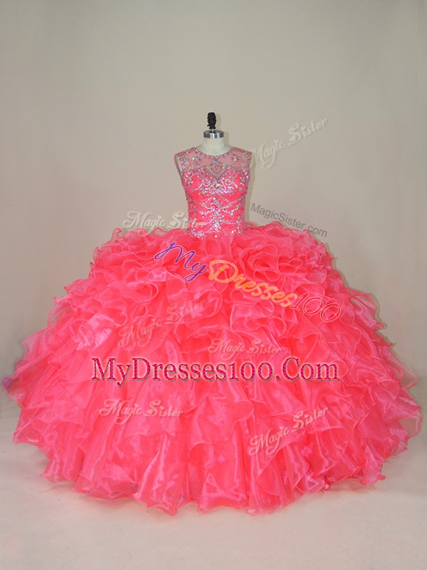 Attractive Pink Organza Lace Up Scoop Sleeveless Ball Gown Prom Dress Beading and Ruffles