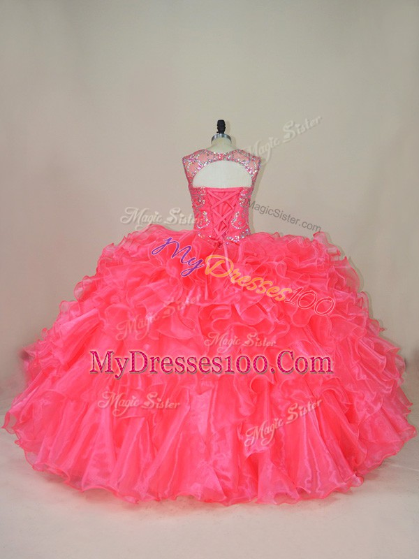 Attractive Pink Organza Lace Up Scoop Sleeveless Ball Gown Prom Dress Beading and Ruffles