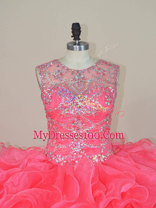 Attractive Pink Organza Lace Up Scoop Sleeveless Ball Gown Prom Dress Beading and Ruffles