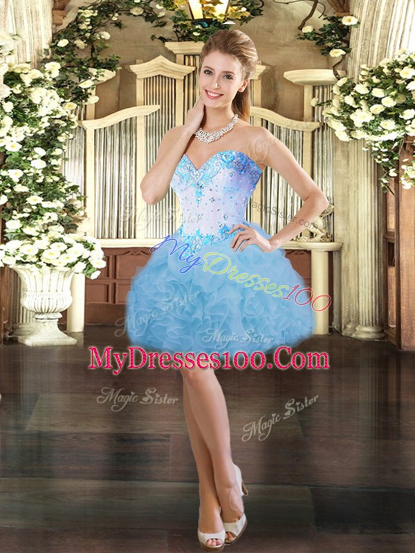 Sweetheart Sleeveless Homecoming Dress Mini Length Beading and Ruffles Aqua Blue Organza