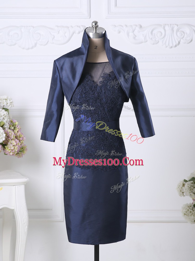 Knee Length Zipper Glitz Pageant Dress Navy Blue for Prom and Party and Military Ball with Beading and Lace