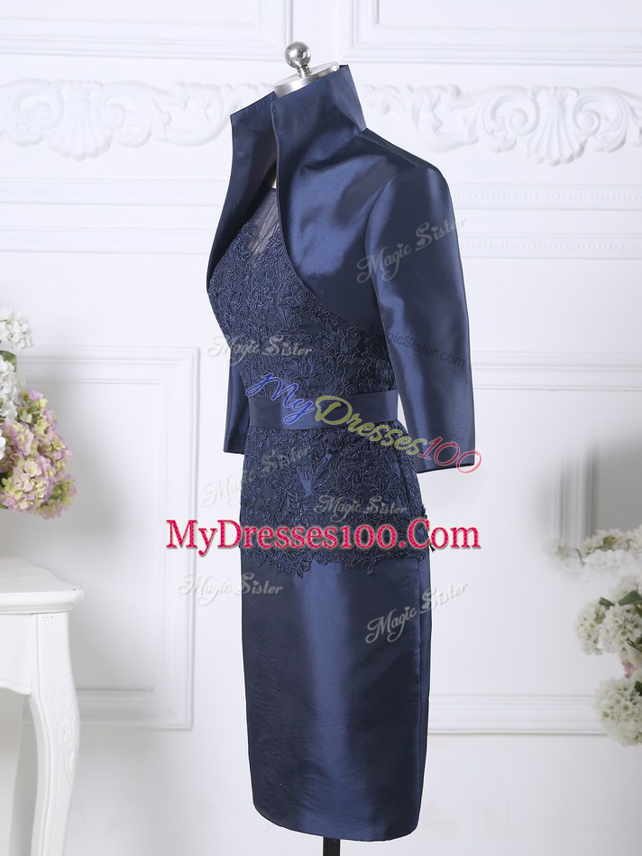 Knee Length Zipper Glitz Pageant Dress Navy Blue for Prom and Party and Military Ball with Beading and Lace