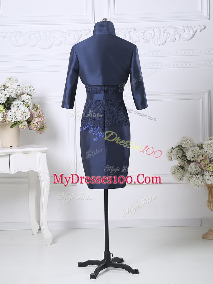 Knee Length Zipper Glitz Pageant Dress Navy Blue for Prom and Party and Military Ball with Beading and Lace