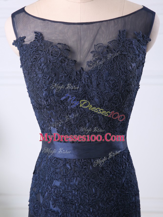 Knee Length Zipper Glitz Pageant Dress Navy Blue for Prom and Party and Military Ball with Beading and Lace