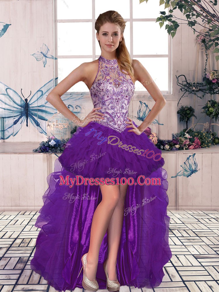 Tulle Halter Top Sleeveless Lace Up Beading and Ruffles Prom Evening Gown in Purple