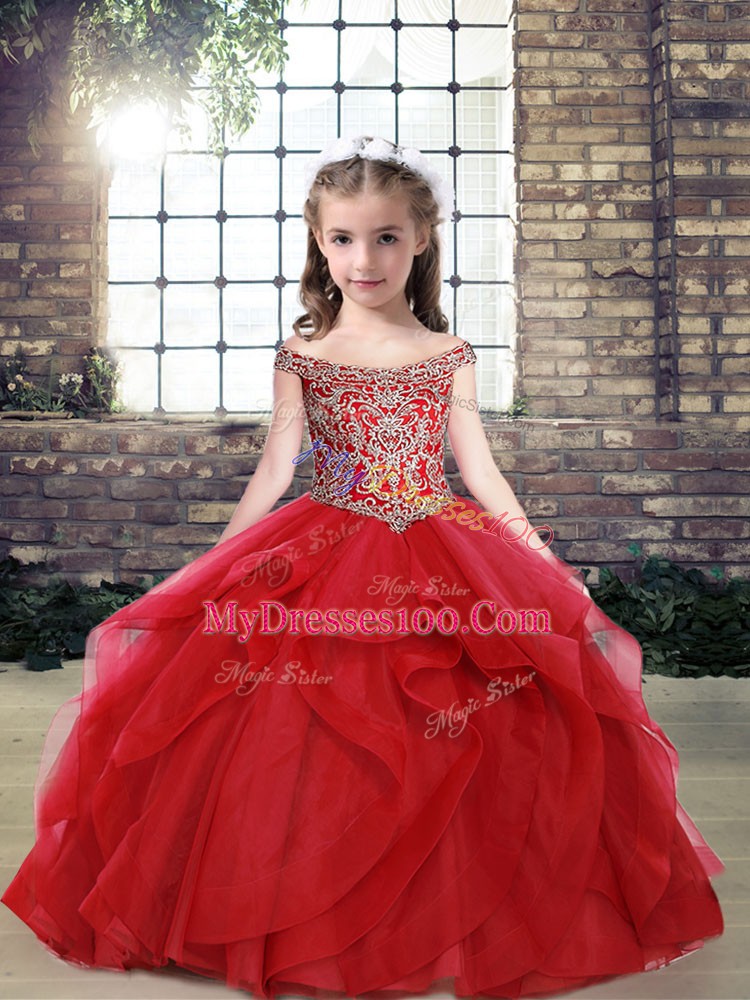 Excellent Sleeveless Tulle Floor Length Lace Up Child Pageant Dress in Red with Beading and Ruffles