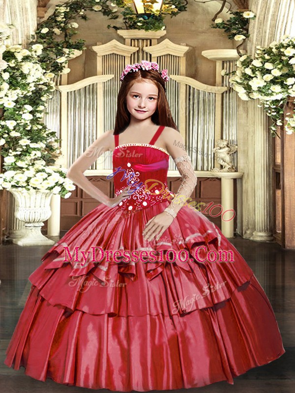 Latest Red Straps Lace Up Beading and Ruffled Layers Little Girl Pageant Dress Sleeveless