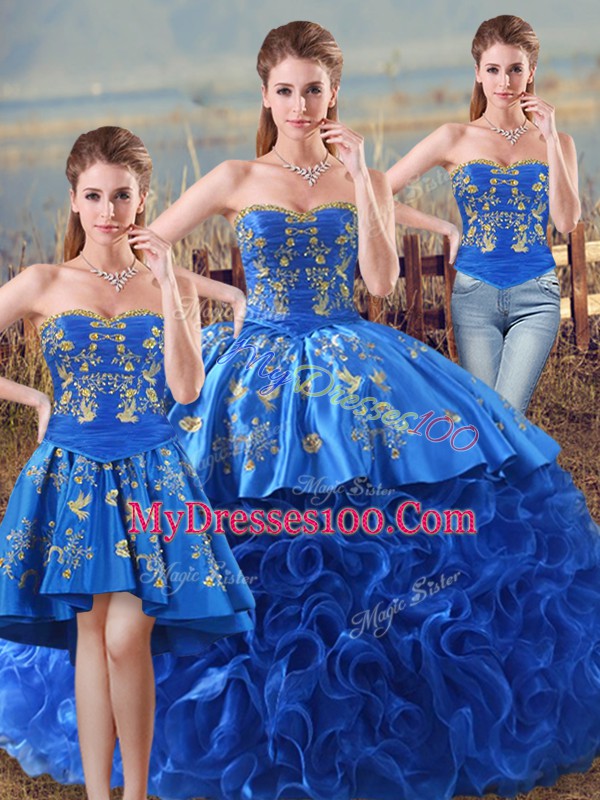 Sweetheart Sleeveless Sweet 16 Dress Floor Length Embroidery and Ruffles Royal Blue Fabric With Rolling Flowers