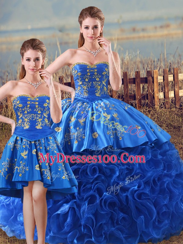 Sweetheart Sleeveless Sweet 16 Dress Floor Length Embroidery and Ruffles Royal Blue Fabric With Rolling Flowers