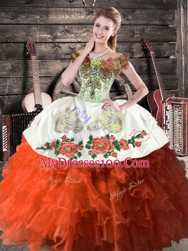 Top Selling Floor Length Lace Up 15 Quinceanera Dress Rust Red for Sweet 16 and Quinceanera with Embroidery and Ruffles