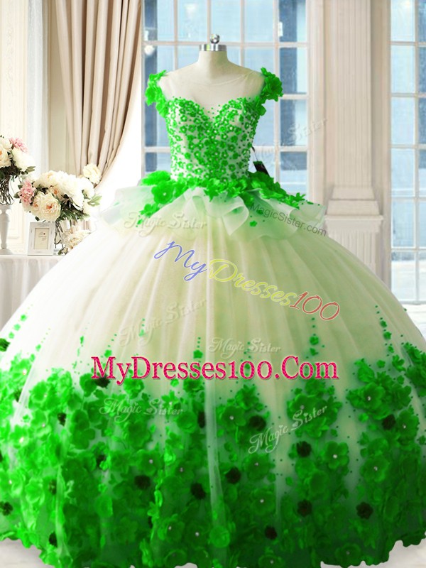 Customized Green Ball Gowns Tulle Scoop Sleeveless Hand Made Flower Zipper Sweet 16 Dress Brush Train