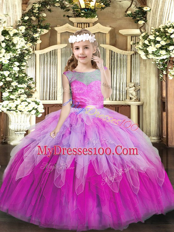 Graceful Lace and Ruffles Little Girl Pageant Dress Multi-color Lace Up Sleeveless Floor Length