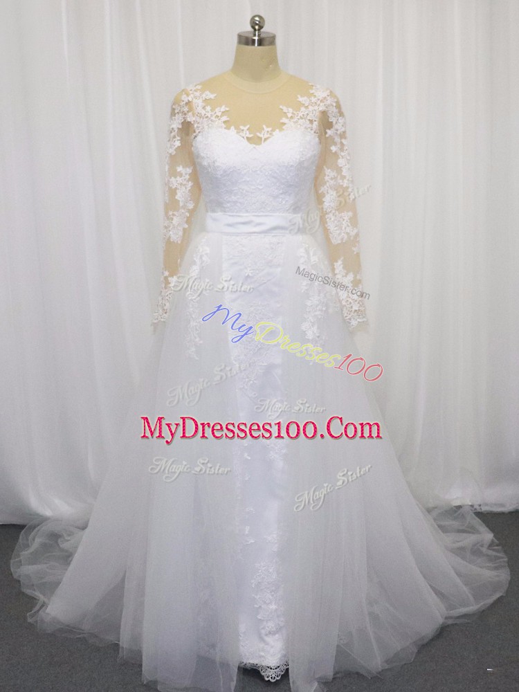 Inexpensive White Long Sleeves Tulle Court Train Clasp Handle Wedding Dress for Wedding Party